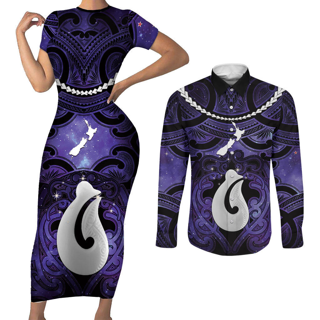 Personalised Maori Matariki Hei Matau Waiporoporo Couples Matching Short Sleeve Bodycon Dress and Long Sleeve Button Shirt Maori Kowhaiwhai Pattern Galaxy LT01 Purple - Polynesian Pride