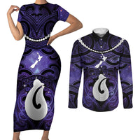 Personalised Maori Matariki Hei Matau Waiporoporo Couples Matching Short Sleeve Bodycon Dress and Long Sleeve Button Shirt Maori Kowhaiwhai Pattern Galaxy LT01 Purple - Polynesian Pride
