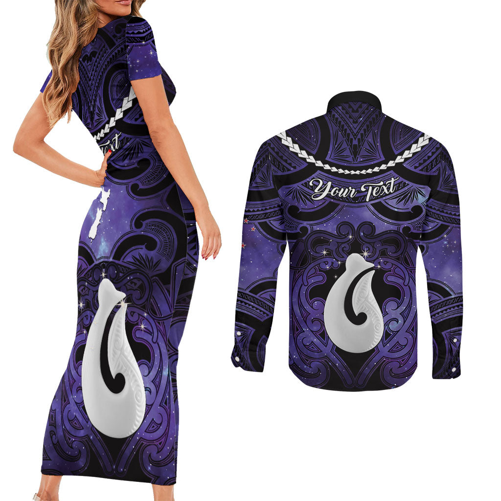 Personalised Maori Matariki Hei Matau Waiporoporo Couples Matching Short Sleeve Bodycon Dress and Long Sleeve Button Shirt Maori Kowhaiwhai Pattern Galaxy LT01 - Polynesian Pride