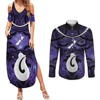 Personalised Maori Matariki Hei Matau Waiporoporo Couples Matching Summer Maxi Dress and Long Sleeve Button Shirt Maori Kowhaiwhai Pattern Galaxy