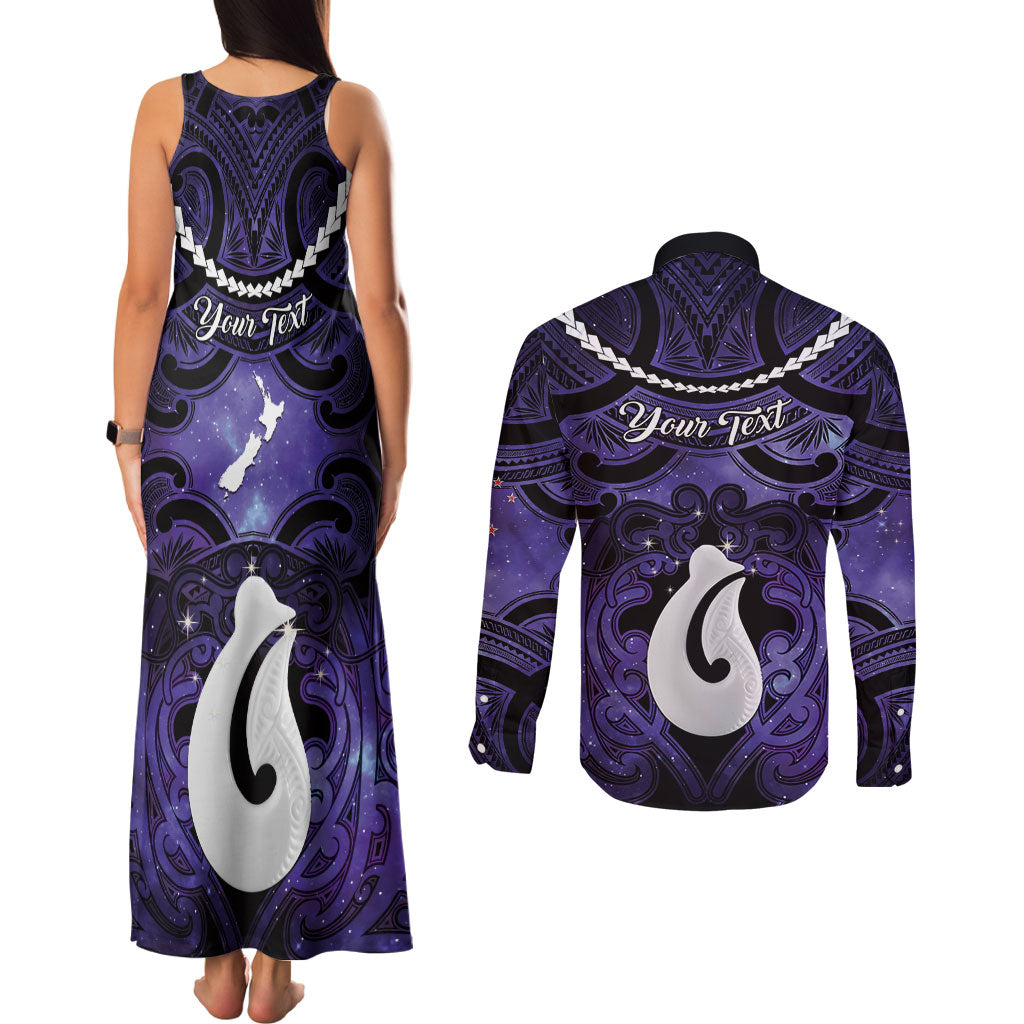 Personalised Maori Matariki Hei Matau Waiporoporo Couples Matching Tank Maxi Dress and Long Sleeve Button Shirt Maori Kowhaiwhai Pattern Galaxy LT01 - Polynesian Pride