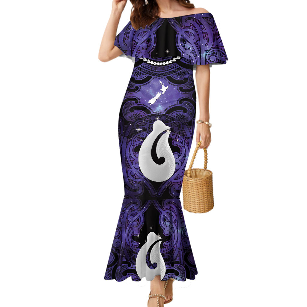 Personalised Maori Matariki Hei Matau Waiporoporo Family Matching Mermaid Dress and Hawaiian Shirt Maori Kowhaiwhai Pattern Galaxy LT01 Mom's Dress Purple - Polynesian Pride