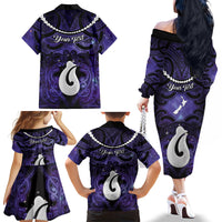Personalised Maori Matariki Hei Matau Waiporoporo Family Matching Off The Shoulder Long Sleeve Dress and Hawaiian Shirt Maori Kowhaiwhai Pattern Galaxy LT01 - Polynesian Pride