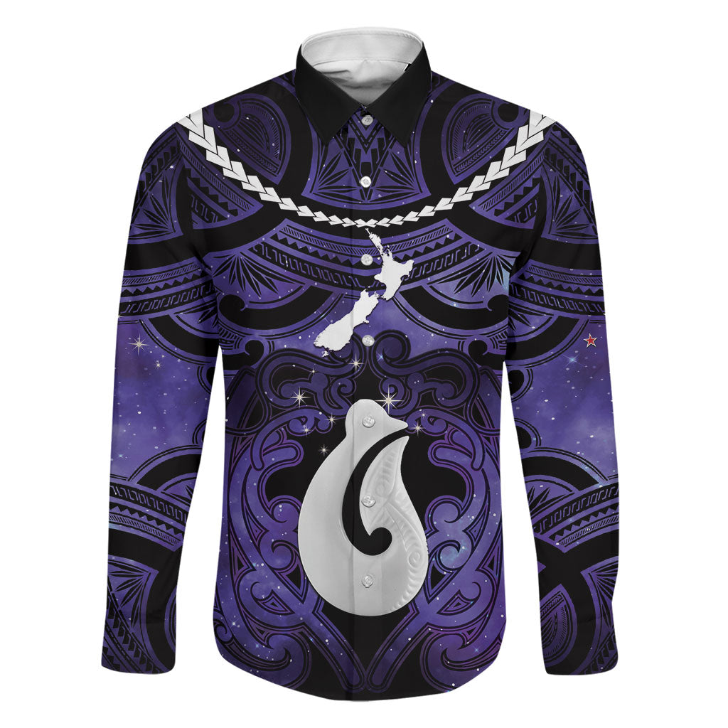 Personalised Maori Matariki Hei Matau Waiporoporo Family Matching Off Shoulder Maxi Dress and Hawaiian Shirt Maori Kowhaiwhai Pattern Galaxy LT01 Dad's Shirt - Long Sleeve Purple - Polynesian Pride