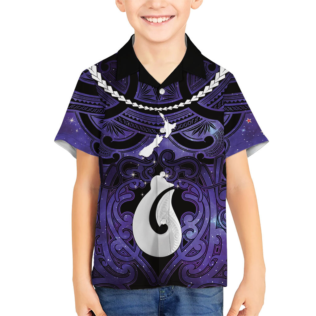 Personalised Maori Matariki Hei Matau Waiporoporo Family Matching Off Shoulder Maxi Dress and Hawaiian Shirt Maori Kowhaiwhai Pattern Galaxy LT01 Son's Shirt Purple - Polynesian Pride