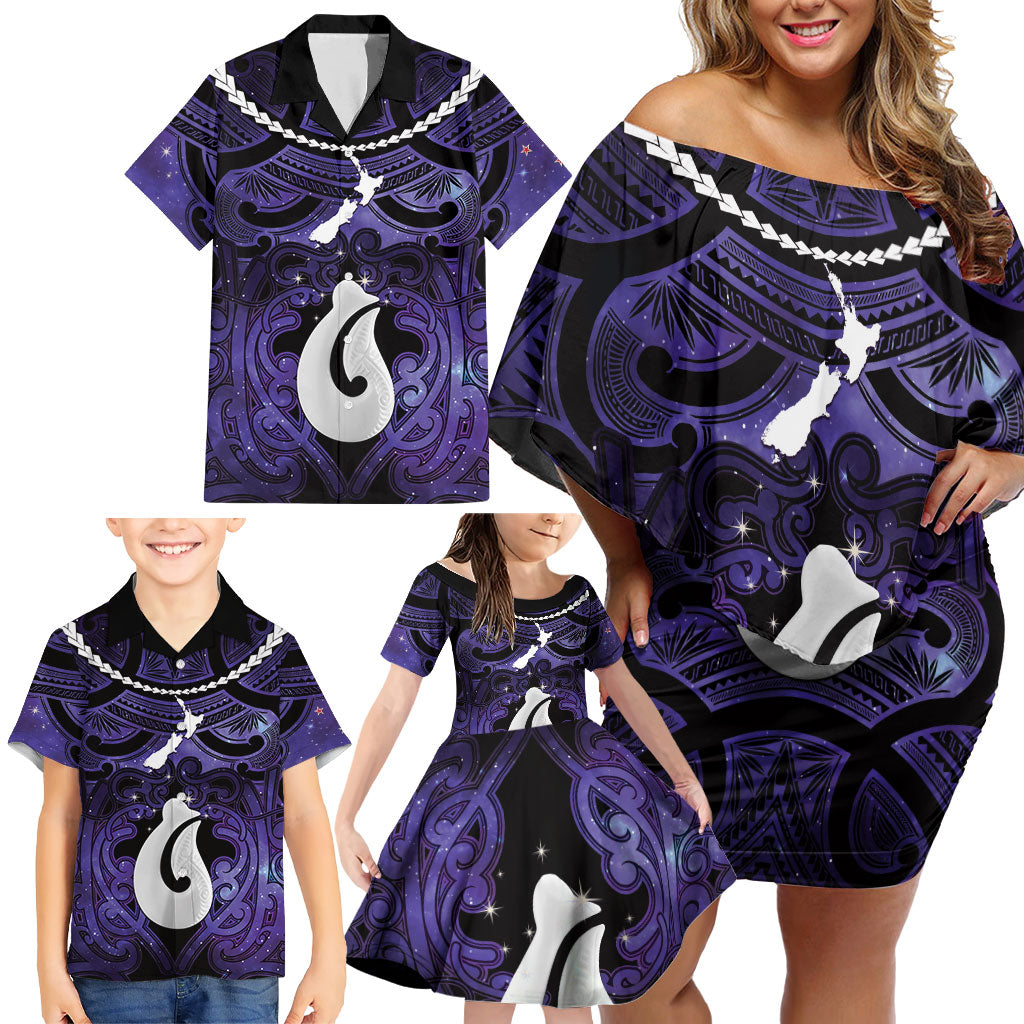 Personalised Maori Matariki Hei Matau Waiporoporo Family Matching Off Shoulder Short Dress and Hawaiian Shirt Maori Kowhaiwhai Pattern Galaxy LT01 - Polynesian Pride