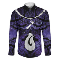 Personalised Maori Matariki Hei Matau Waiporoporo Family Matching Puletasi and Hawaiian Shirt Maori Kowhaiwhai Pattern Galaxy LT01 Dad's Shirt - Long Sleeve Purple - Polynesian Pride