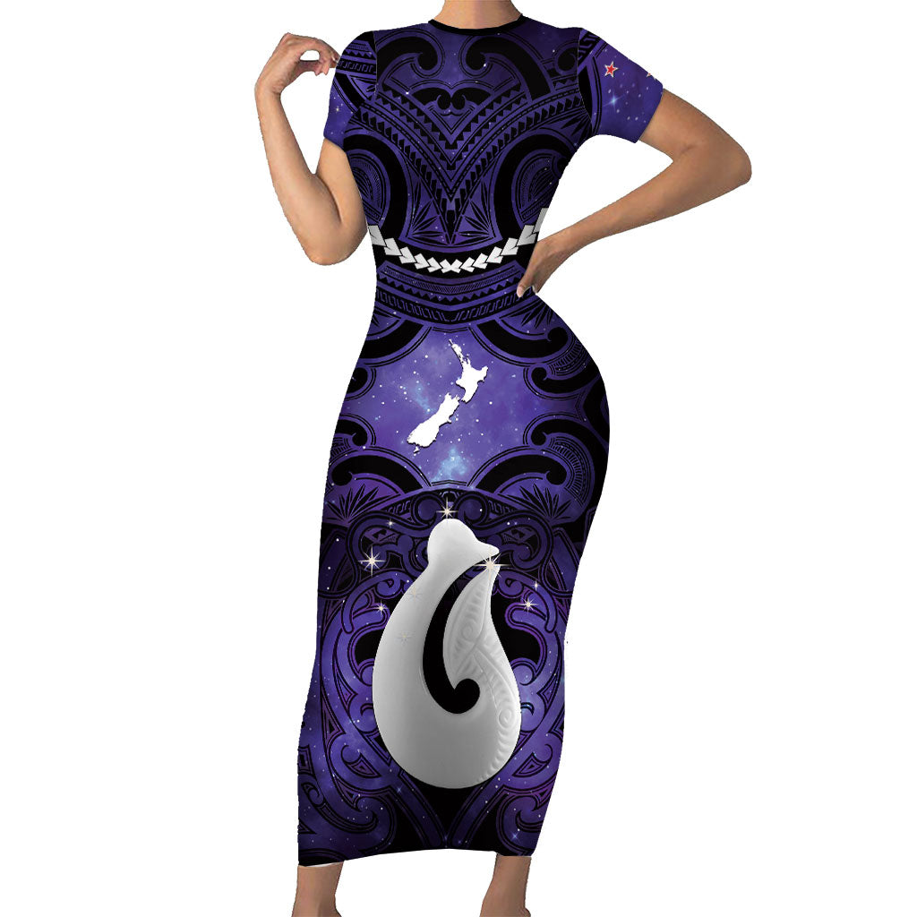 Personalised Maori Matariki Hei Matau Waiporoporo Family Matching Short Sleeve Bodycon Dress and Hawaiian Shirt Maori Kowhaiwhai Pattern Galaxy LT01 Mom's Dress Purple - Polynesian Pride
