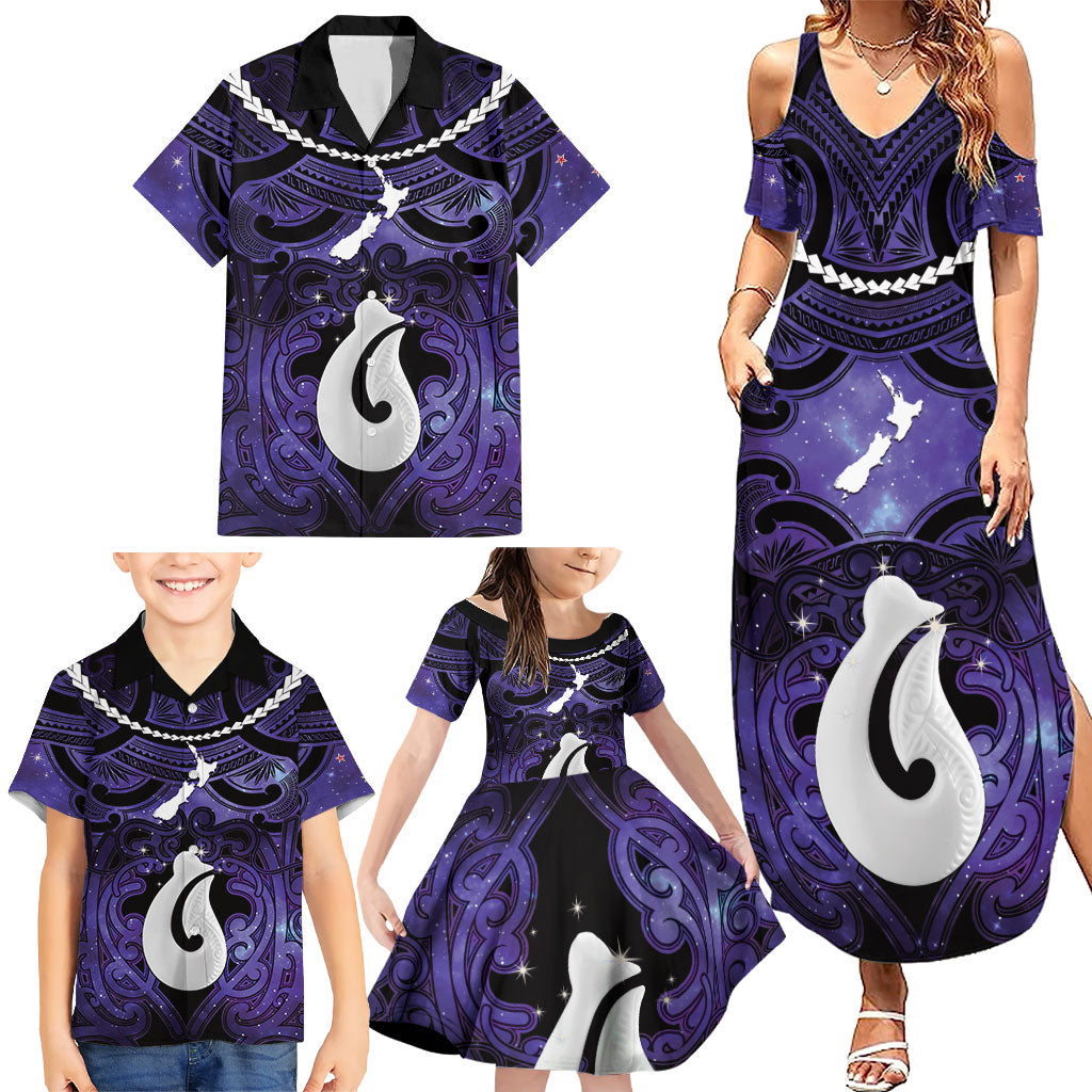 Personalised Maori Matariki Hei Matau Waiporoporo Family Matching Summer Maxi Dress and Hawaiian Shirt Maori Kowhaiwhai Pattern Galaxy