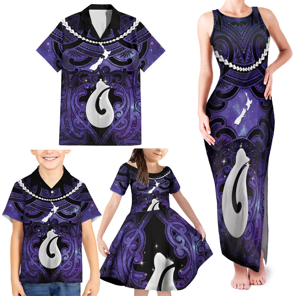 Personalised Maori Matariki Hei Matau Waiporoporo Family Matching Tank Maxi Dress and Hawaiian Shirt Maori Kowhaiwhai Pattern Galaxy