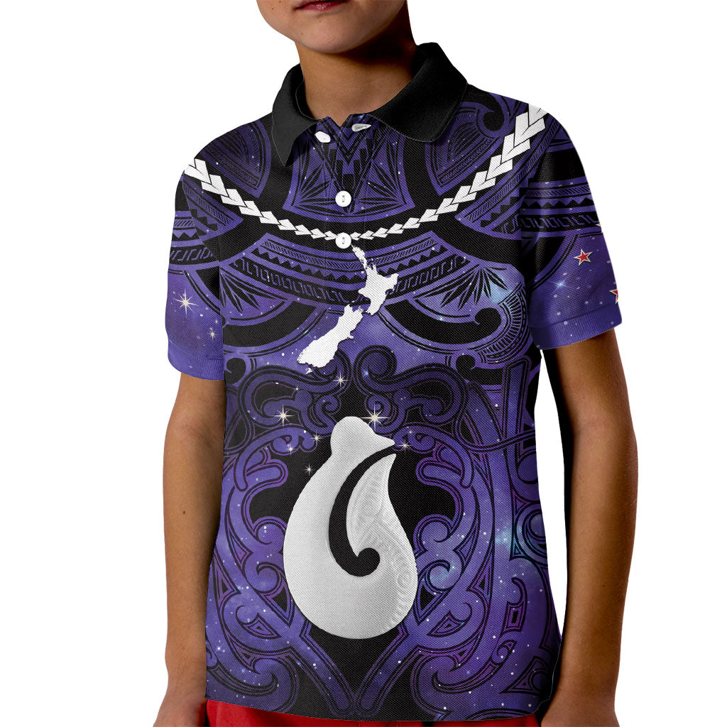 Personalised Maori Matariki Hei Matau Waiporoporo Kid Polo Shirt Maori Kowhaiwhai Pattern Galaxy