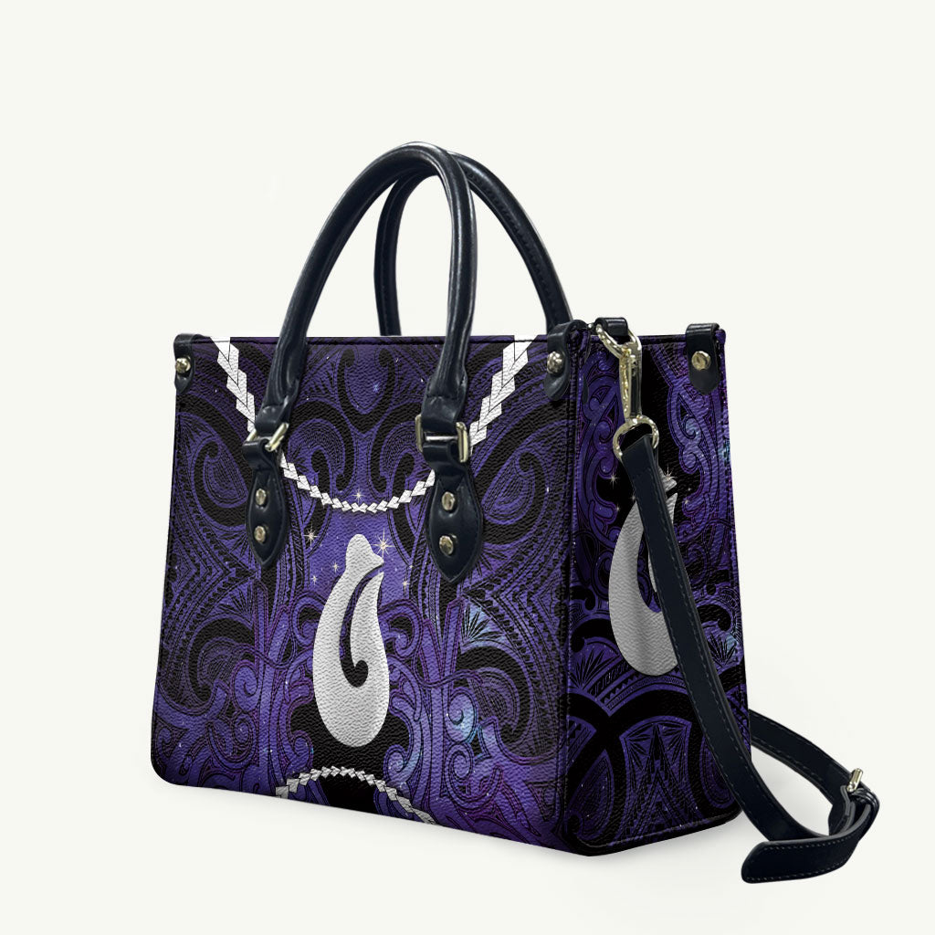 Maori Matariki Hei Matau Waiporoporo Leather Bag Maori Kowhaiwhai Pattern Galaxy