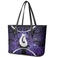 Maori Matariki Hei Matau Waiporoporo Leather Tote Bag Maori Kowhaiwhai Pattern Galaxy