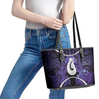 Maori Matariki Hei Matau Waiporoporo Leather Tote Bag Maori Kowhaiwhai Pattern Galaxy