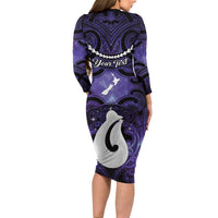 Personalised Maori Matariki Hei Matau Waiporoporo Long Sleeve Bodycon Dress Maori Kowhaiwhai Pattern Galaxy