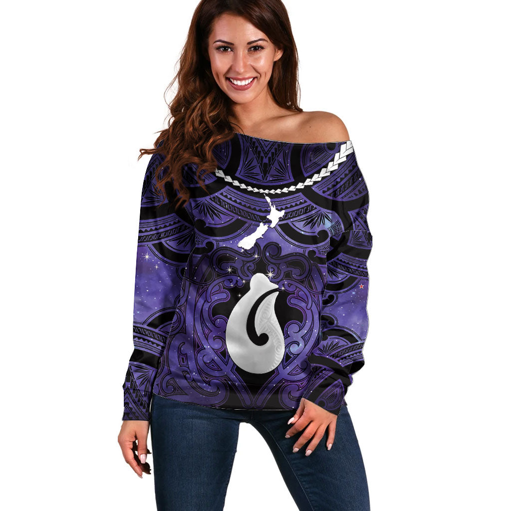 Personalised Maori Matariki Hei Matau Waiporoporo Off Shoulder Sweater Maori Kowhaiwhai Pattern Galaxy