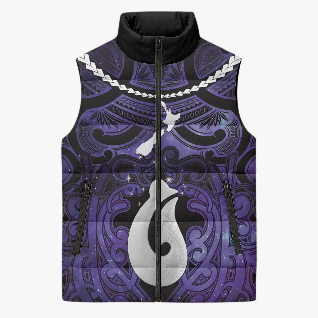 Personalised Maori Matariki Hei Matau Waiporoporo Sleeveless Puffer Jacket Maori Kowhaiwhai Pattern Galaxy