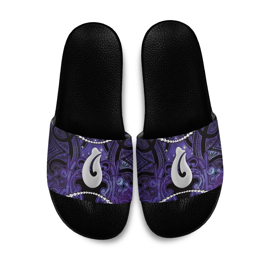 Maori Matariki Hei Matau Waiporoporo Slide Sandals Maori Kowhaiwhai Pattern Galaxy
