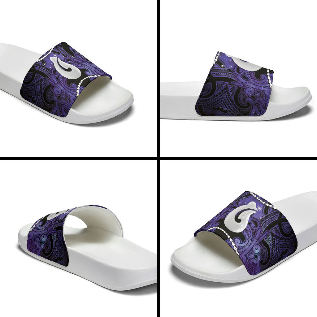 Maori Matariki Hei Matau Waiporoporo Slide Sandals Maori Kowhaiwhai Pattern Galaxy