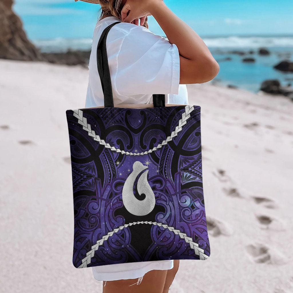 Maori Matariki Hei Matau Waiporoporo Tote Bag Maori Kowhaiwhai Pattern Galaxy