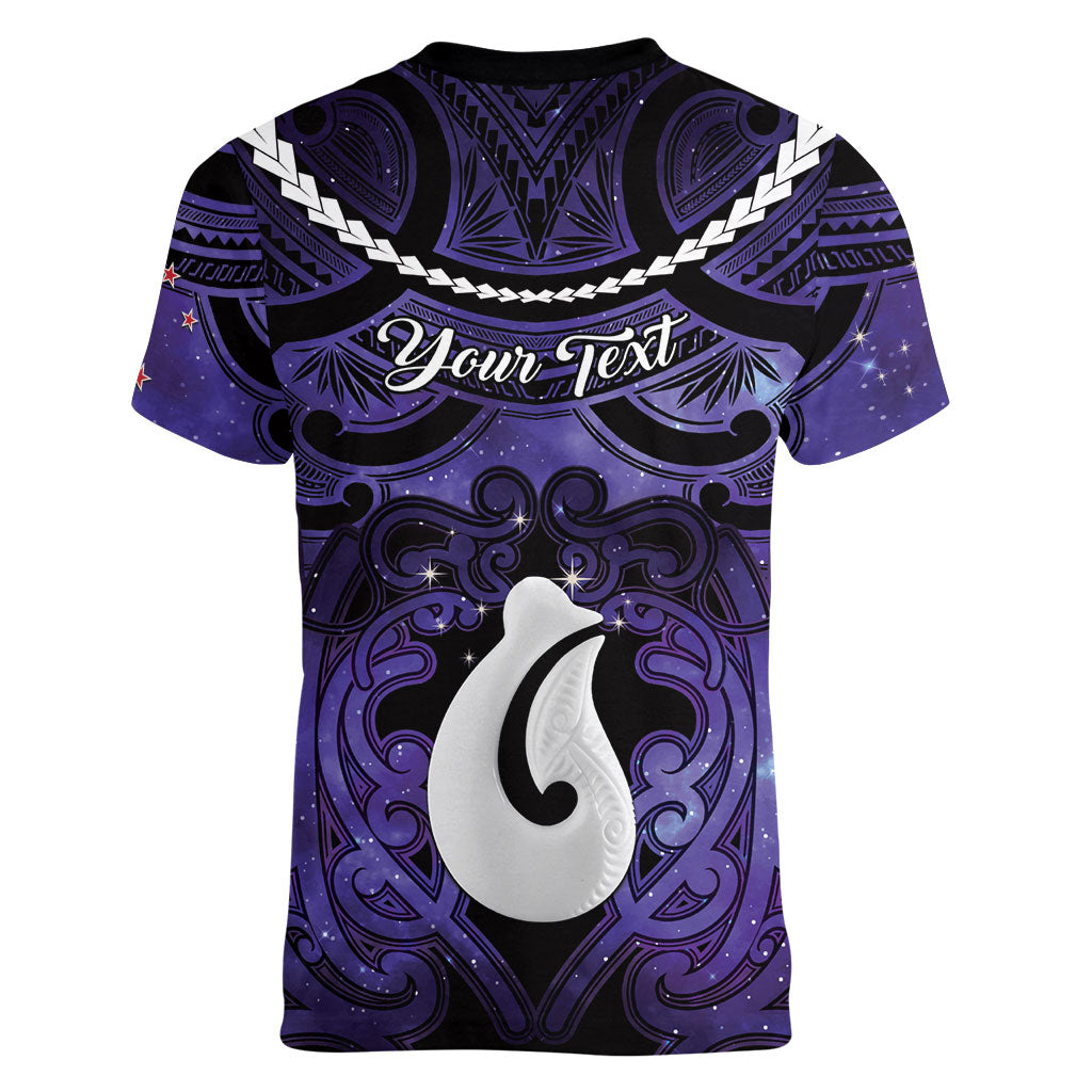 Personalised Maori Matariki Hei Matau Waiporoporo Women V-Neck T-Shirt Maori Kowhaiwhai Pattern Galaxy LT01 - Polynesian Pride