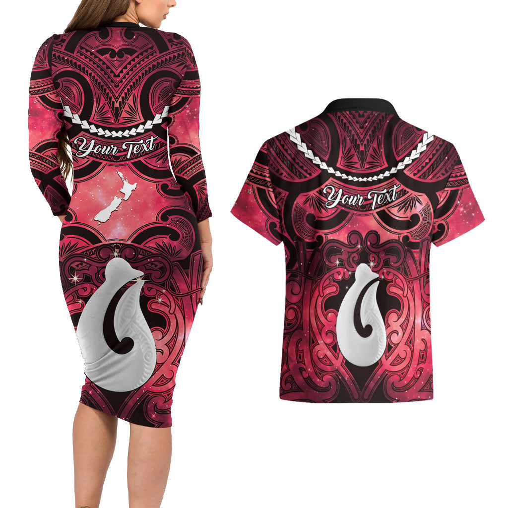 Personalised Maori Matariki Hei Matau Whero Couples Matching Long Sleeve Bodycon Dress and Hawaiian Shirt Maori Kowhaiwhai Pattern Galaxy LT01 - Polynesian Pride