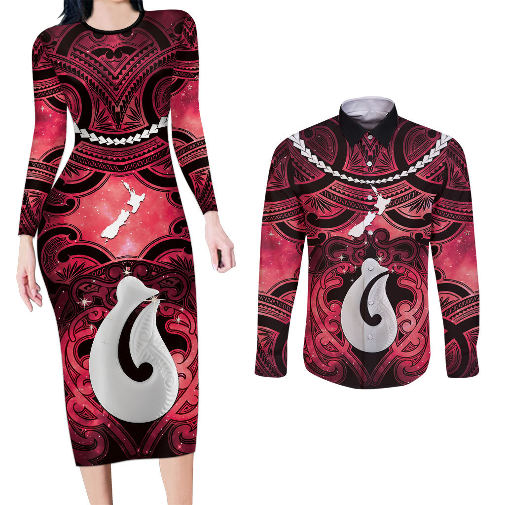 Personalised Maori Matariki Hei Matau Whero Couples Matching Long Sleeve Bodycon Dress and Long Sleeve Button Shirt Maori Kowhaiwhai Pattern Galaxy LT01 Red - Polynesian Pride