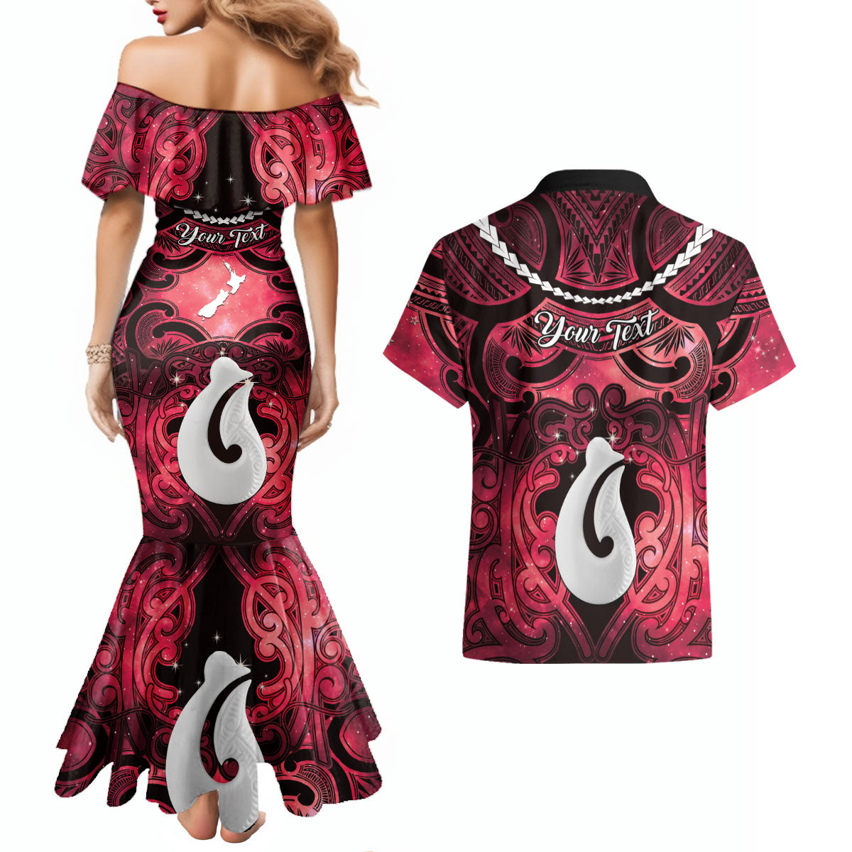 Personalised Maori Matariki Hei Matau Whero Couples Matching Mermaid Dress and Hawaiian Shirt Maori Kowhaiwhai Pattern Galaxy LT01 - Polynesian Pride