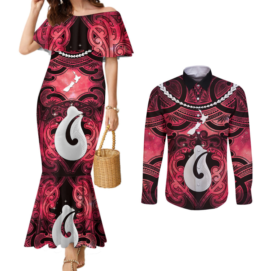 Personalised Maori Matariki Hei Matau Whero Couples Matching Mermaid Dress and Long Sleeve Button Shirt Maori Kowhaiwhai Pattern Galaxy