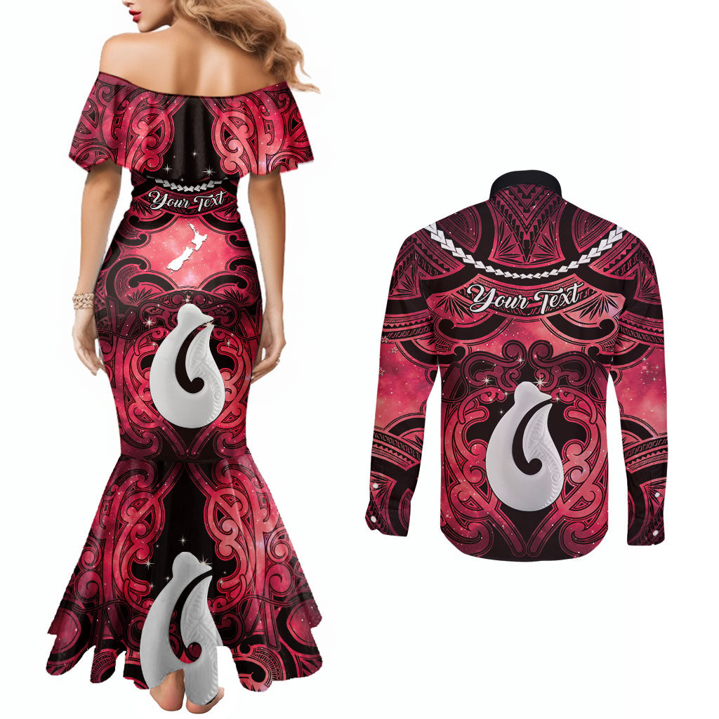 Personalised Maori Matariki Hei Matau Whero Couples Matching Mermaid Dress and Long Sleeve Button Shirt Maori Kowhaiwhai Pattern Galaxy