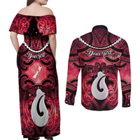 Personalised Maori Matariki Hei Matau Whero Couples Matching Off Shoulder Maxi Dress and Long Sleeve Button Shirt Maori Kowhaiwhai Pattern Galaxy