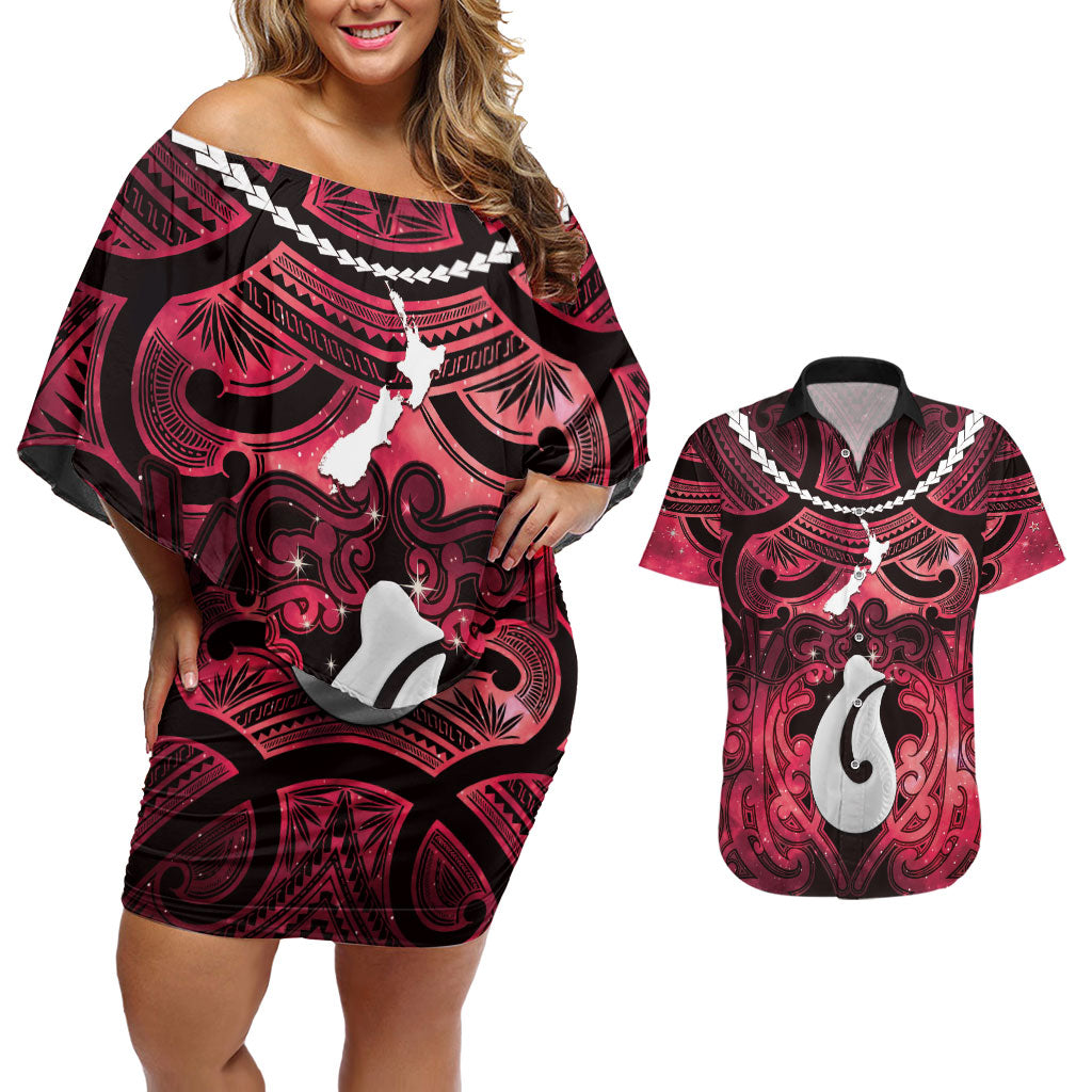 Personalised Maori Matariki Hei Matau Whero Couples Matching Off Shoulder Short Dress and Hawaiian Shirt Maori Kowhaiwhai Pattern Galaxy LT01 Red - Polynesian Pride