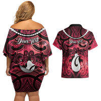 Personalised Maori Matariki Hei Matau Whero Couples Matching Off Shoulder Short Dress and Hawaiian Shirt Maori Kowhaiwhai Pattern Galaxy LT01 - Polynesian Pride