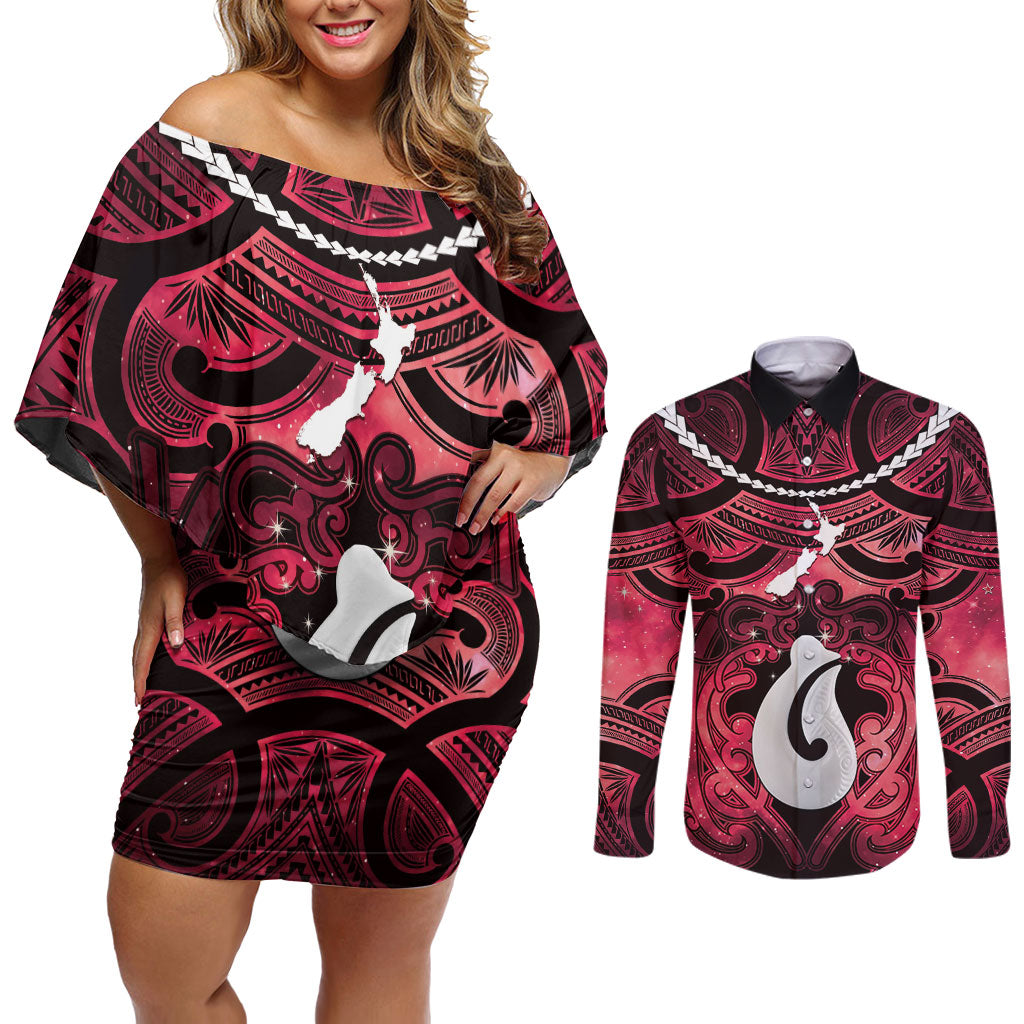 Personalised Maori Matariki Hei Matau Whero Couples Matching Off Shoulder Short Dress and Long Sleeve Button Shirt Maori Kowhaiwhai Pattern Galaxy LT01 Red - Polynesian Pride