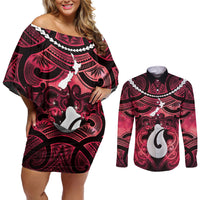 Personalised Maori Matariki Hei Matau Whero Couples Matching Off Shoulder Short Dress and Long Sleeve Button Shirt Maori Kowhaiwhai Pattern Galaxy LT01 Red - Polynesian Pride