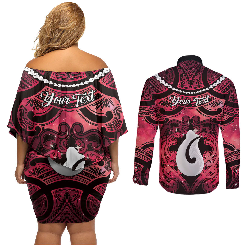 Personalised Maori Matariki Hei Matau Whero Couples Matching Off Shoulder Short Dress and Long Sleeve Button Shirt Maori Kowhaiwhai Pattern Galaxy LT01 - Polynesian Pride