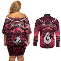 Personalised Maori Matariki Hei Matau Whero Couples Matching Off Shoulder Short Dress and Long Sleeve Button Shirt Maori Kowhaiwhai Pattern Galaxy LT01 - Polynesian Pride