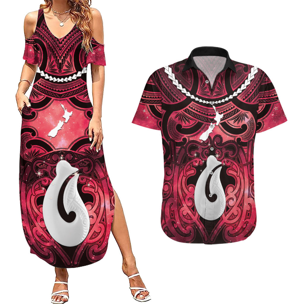 Personalised Maori Matariki Hei Matau Whero Couples Matching Summer Maxi Dress and Hawaiian Shirt Maori Kowhaiwhai Pattern Galaxy