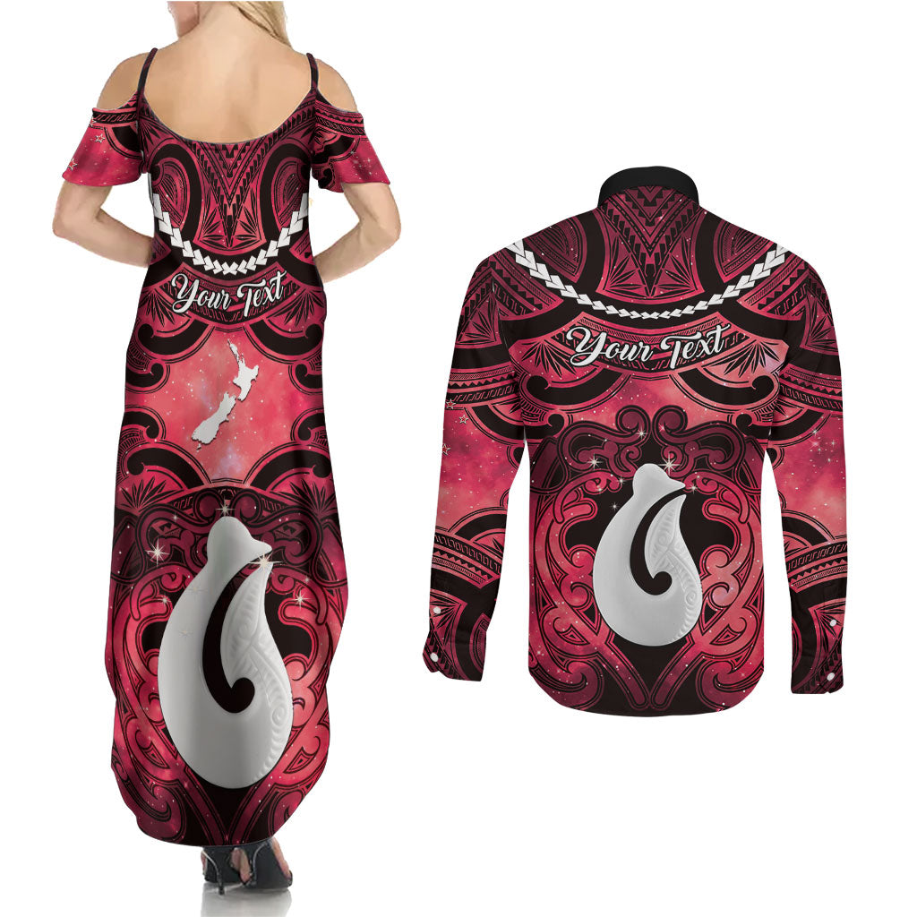 Personalised Maori Matariki Hei Matau Whero Couples Matching Summer Maxi Dress and Long Sleeve Button Shirt Maori Kowhaiwhai Pattern Galaxy