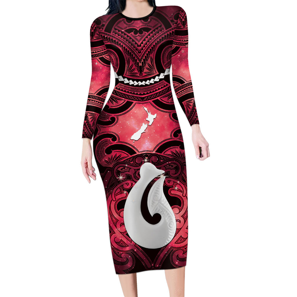 Personalised Maori Matariki Hei Matau Whero Family Matching Long Sleeve Bodycon Dress and Hawaiian Shirt Maori Kowhaiwhai Pattern Galaxy LT01 Mom's Dress Red - Polynesian Pride