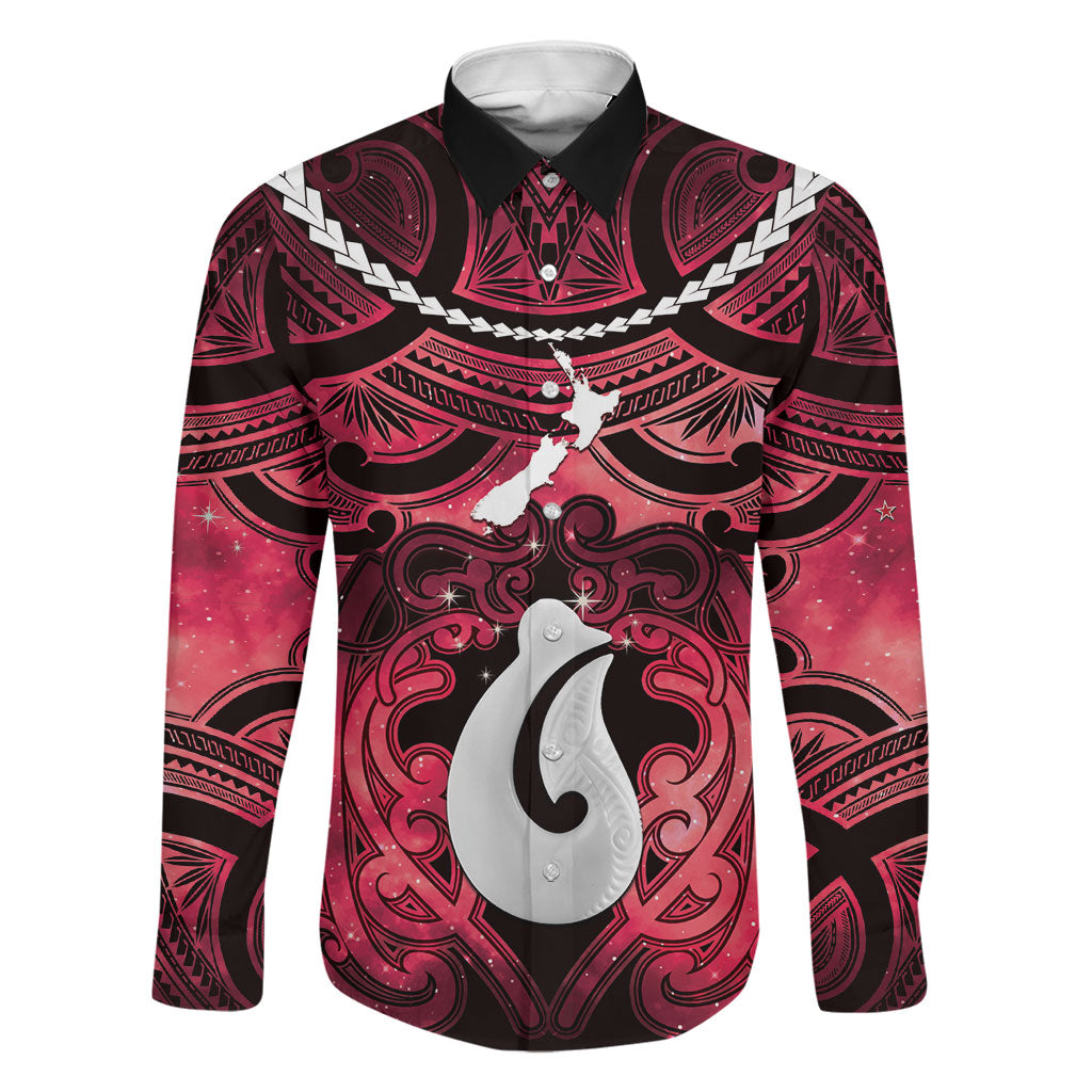Personalised Maori Matariki Hei Matau Whero Family Matching Mermaid Dress and Hawaiian Shirt Maori Kowhaiwhai Pattern Galaxy LT01 Dad's Shirt - Long Sleeve Red - Polynesian Pride
