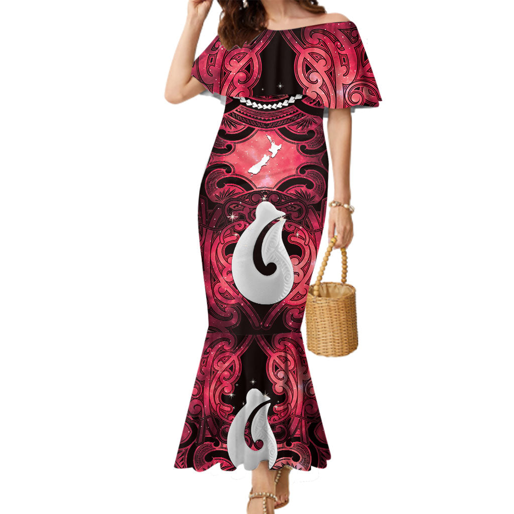 Personalised Maori Matariki Hei Matau Whero Family Matching Mermaid Dress and Hawaiian Shirt Maori Kowhaiwhai Pattern Galaxy LT01 Mom's Dress Red - Polynesian Pride