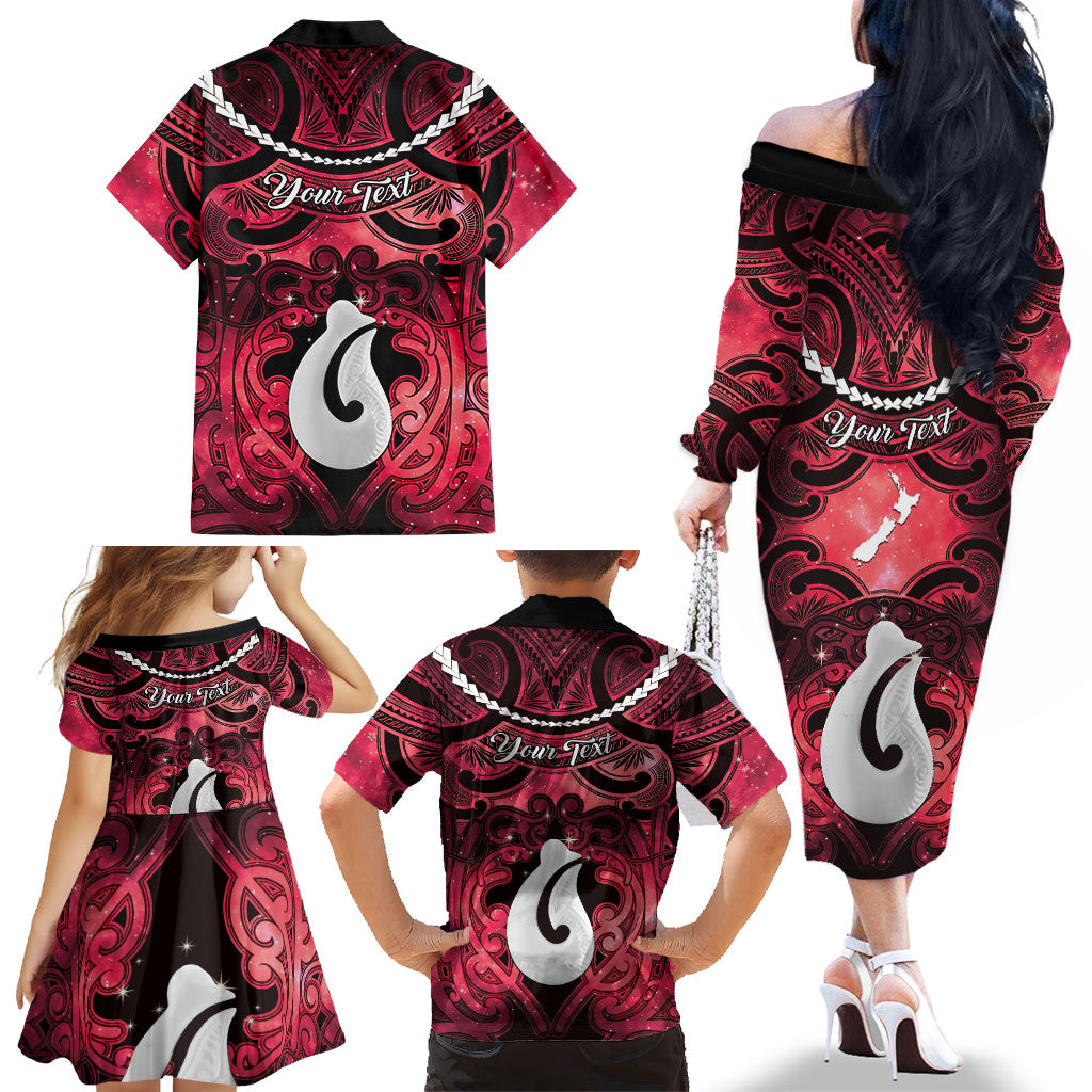 Personalised Maori Matariki Hei Matau Whero Family Matching Off The Shoulder Long Sleeve Dress and Hawaiian Shirt Maori Kowhaiwhai Pattern Galaxy LT01 - Polynesian Pride