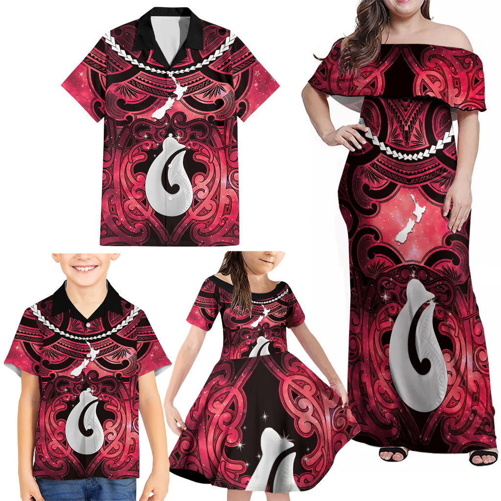 Personalised Maori Matariki Hei Matau Whero Family Matching Off Shoulder Maxi Dress and Hawaiian Shirt Maori Kowhaiwhai Pattern Galaxy LT01 - Polynesian Pride
