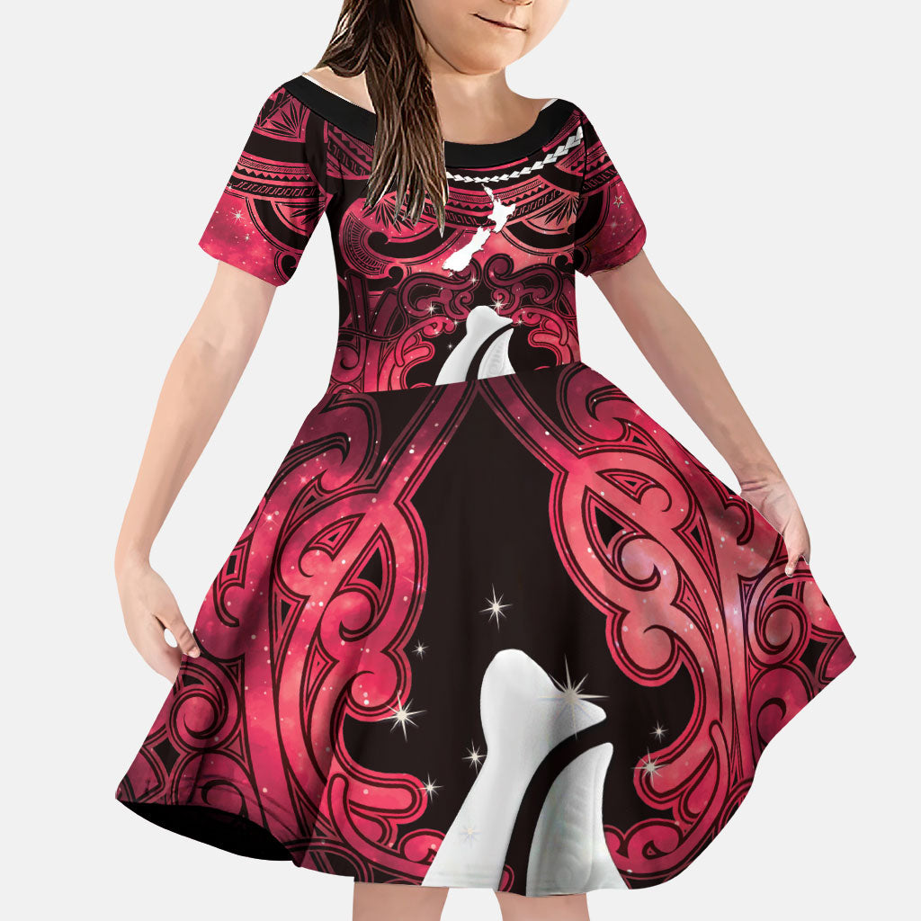 Personalised Maori Matariki Hei Matau Whero Family Matching Summer Maxi Dress and Hawaiian Shirt Maori Kowhaiwhai Pattern Galaxy LT01 Daughter's Dress Red - Polynesian Pride