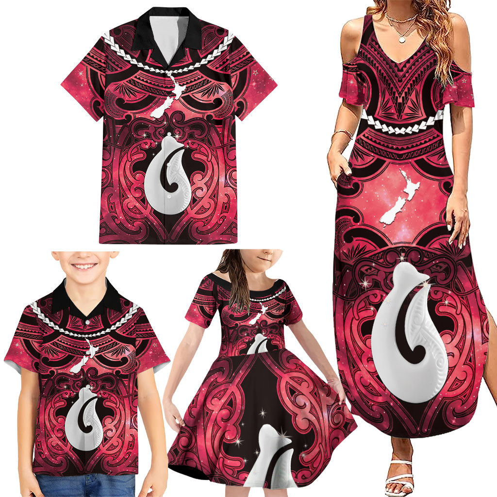 Personalised Maori Matariki Hei Matau Whero Family Matching Summer Maxi Dress and Hawaiian Shirt Maori Kowhaiwhai Pattern Galaxy LT01 - Polynesian Pride