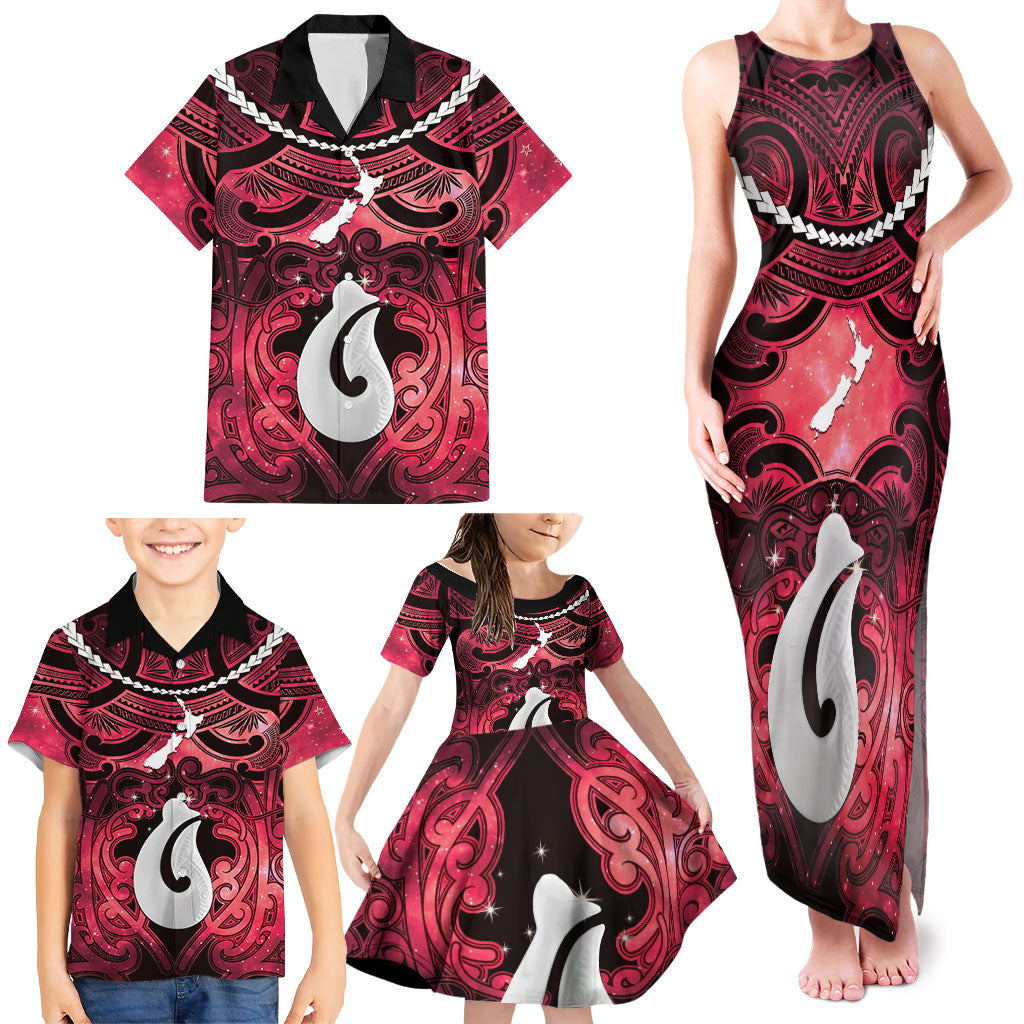 Personalised Maori Matariki Hei Matau Whero Family Matching Tank Maxi Dress and Hawaiian Shirt Maori Kowhaiwhai Pattern Galaxy LT01 - Polynesian Pride
