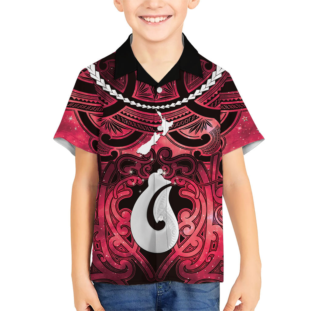 Personalised Maori Matariki Hei Matau Whero Family Matching Tank Maxi Dress and Hawaiian Shirt Maori Kowhaiwhai Pattern Galaxy LT01 Son's Shirt Red - Polynesian Pride