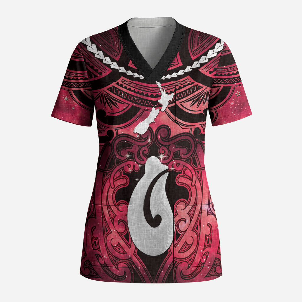 Personalised Maori Matariki Hei Matau Whero Scrub Top Maori Kowhaiwhai Pattern Galaxy