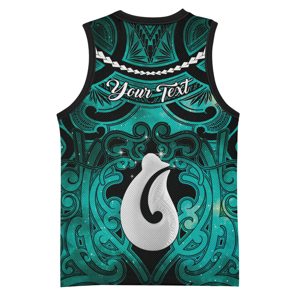 Personalised Maori Matariki Hei Matau Turquoise Basketball Jersey Maori Kowhaiwhai Pattern Galaxy